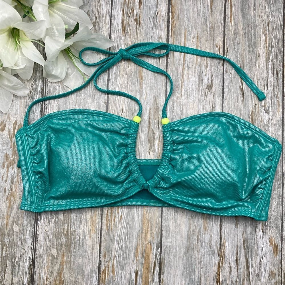 Lurex Bikini Swim Top with Beads, Turquoise Size XL